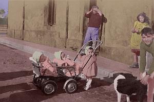 FRANCINE ET FRANCOIS AU NO 1 AVEC JAIME QUI TIENT LE CHIEN ET BERNADETTE BATAYER QUI TIENT LA POUSSETTE OU SONIA